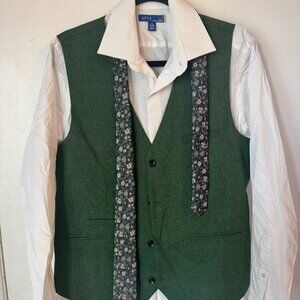 APT 9 White Button Down Shirt + Forest Green Vest + Floral Tie - Mens Size Small